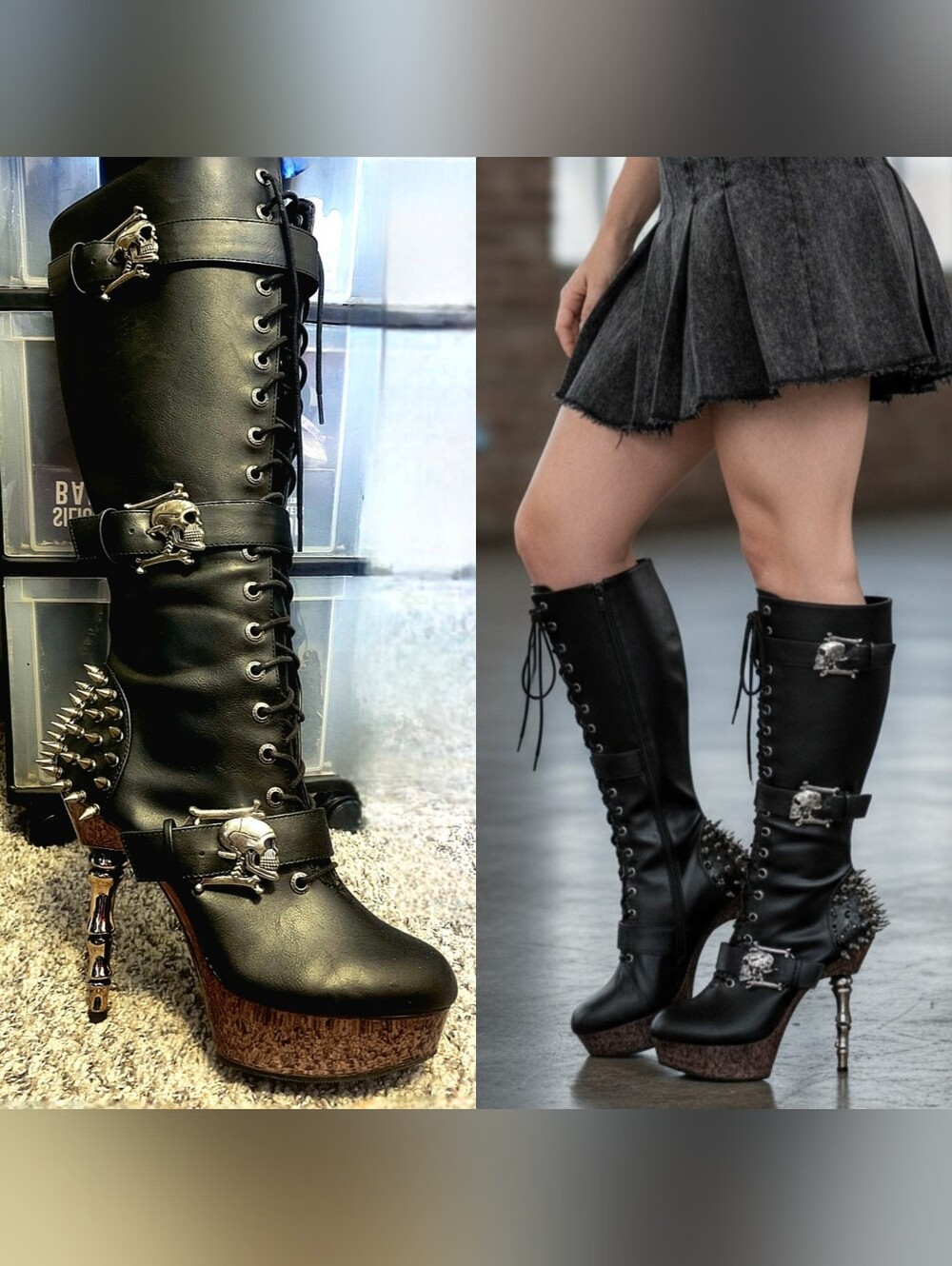Demonia muerto 2028 chrome bone spiked heel skull buckle lace up boots 11 BNIB - Picture 8 of 17
